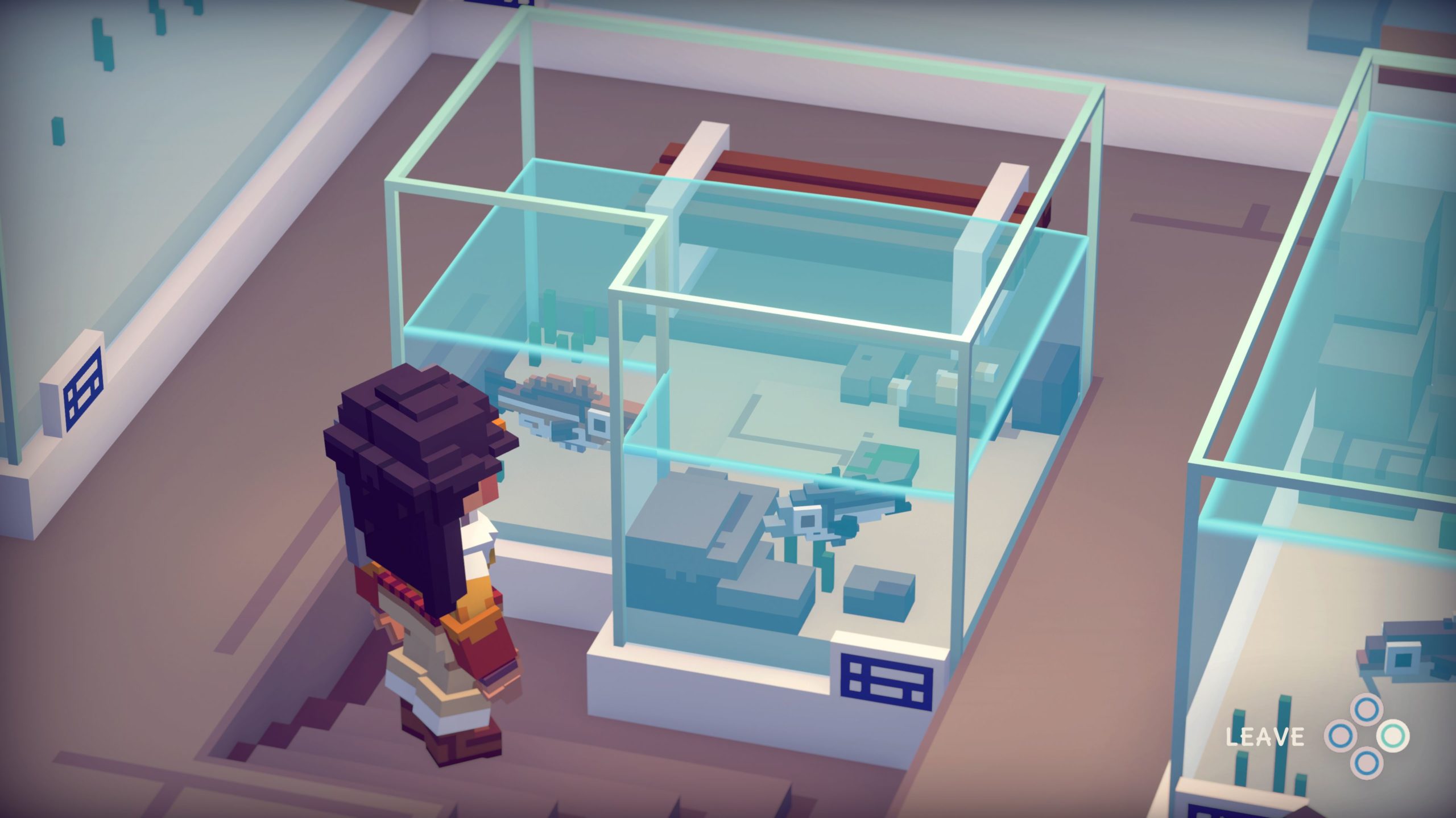 The player viewing an aquarium tank in Moonglow Bay